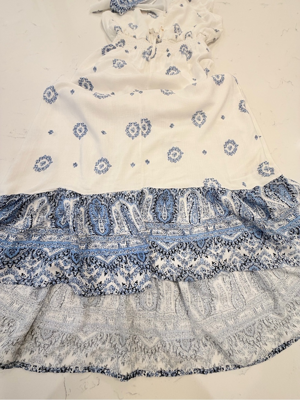White & Blue Printed Midi Dress with Tie Waist - Picture 9 of 11